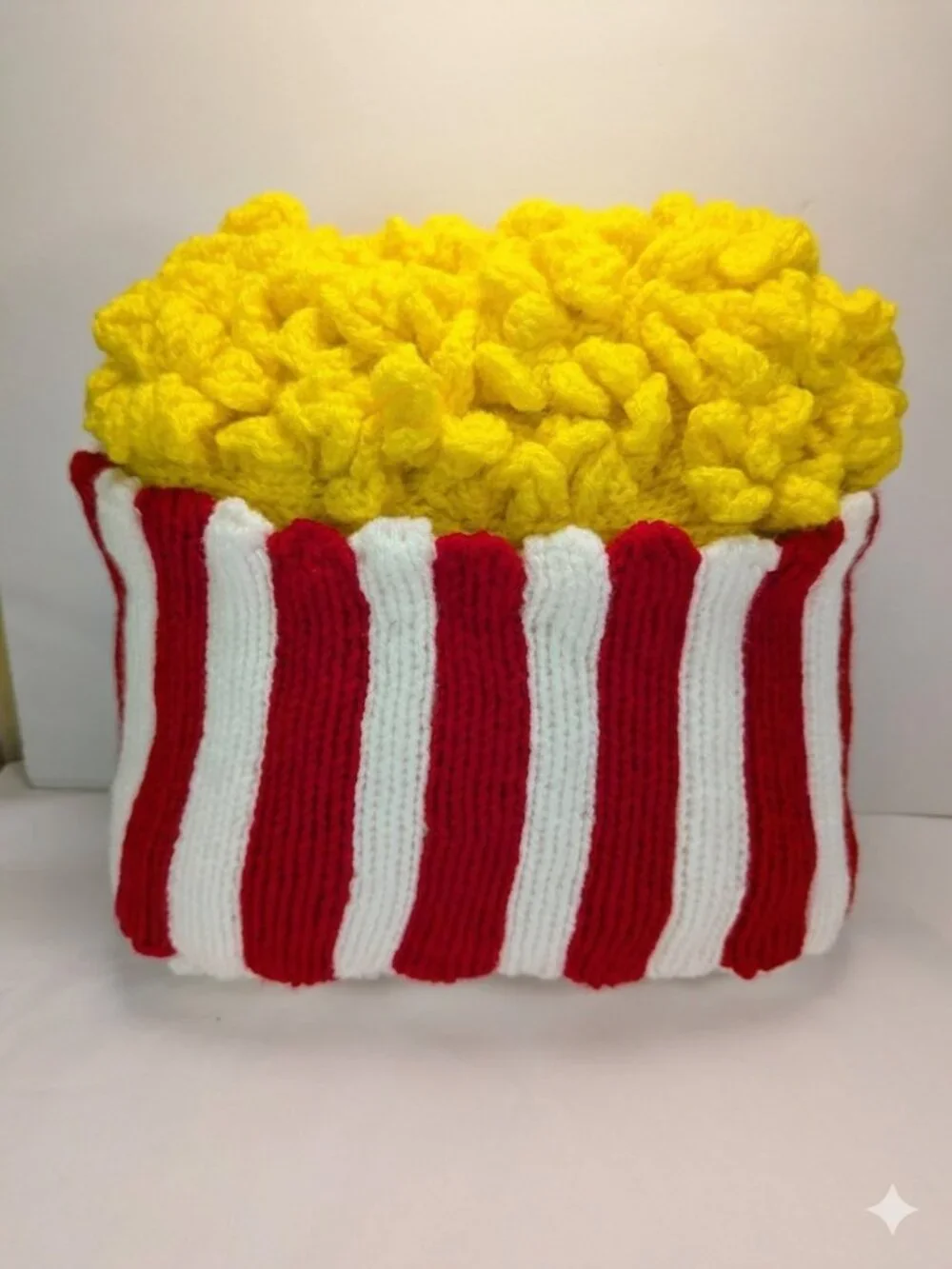 Handmade Popcorn Pillow 12x12 Movie Theater Room Decor Hand Knit Crochet 3D Art